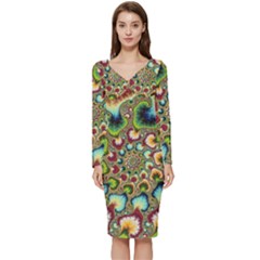 Colorful Psychedelic Fractal Trippy Long Sleeve V-neck Bodycon Dress  by Modalart