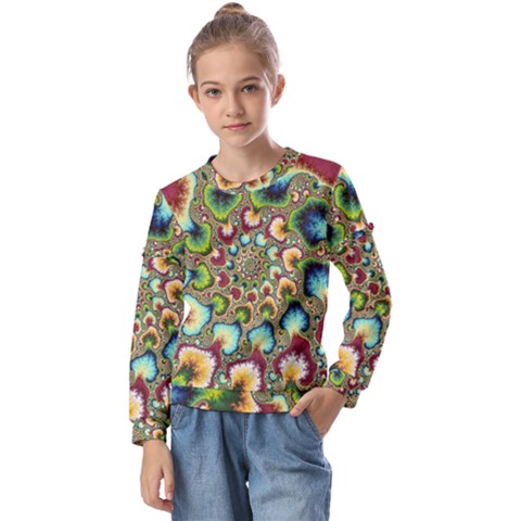 Colorful Psychedelic Fractal Trippy Kids  Long Sleeve T-shirt With Frill  by Modalart