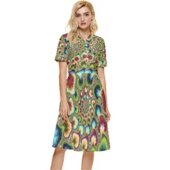 Colorful Psychedelic Fractal Trippy Button Top Knee Length Dress by Modalart