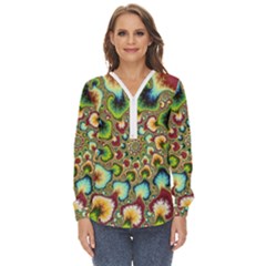 Colorful Psychedelic Fractal Trippy Zip Up Long Sleeve Blouse