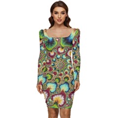 Colorful Psychedelic Fractal Trippy Women Long Sleeve Ruched Stretch Jersey Dress