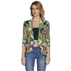 Colorful Psychedelic Fractal Trippy Women s 3/4 Sleeve Ruffle Edge Open Front Jacket by Modalart