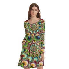 Colorful Psychedelic Fractal Trippy Long Sleeve Knee Length Skater Dress With Pockets by Modalart