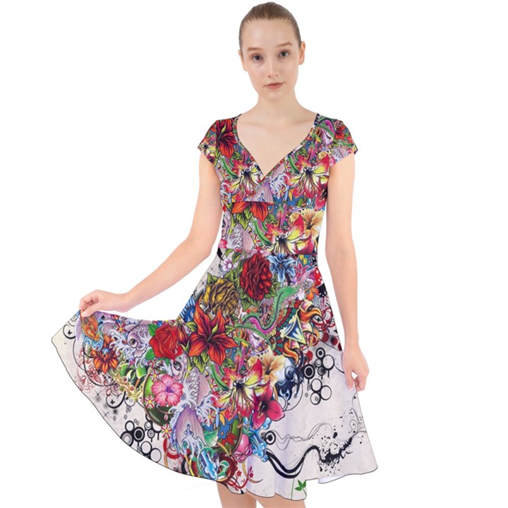 Valentine s Day Heart Artistic Psychedelic Cap Sleeve Front Wrap Midi Dress