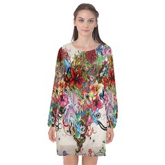 Valentine s Day Heart Artistic Psychedelic Long Sleeve Chiffon Shift Dress  by Modalart