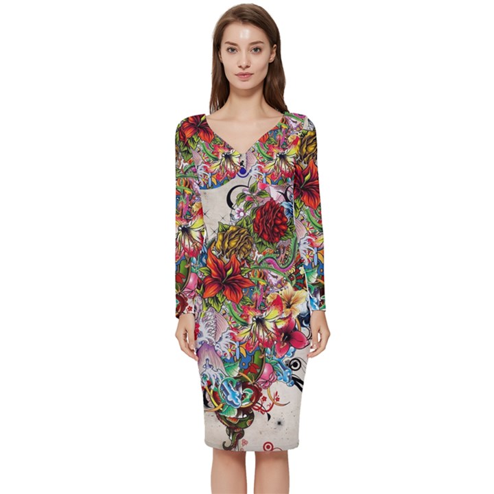 Valentine s Day Heart Artistic Psychedelic Long Sleeve V-Neck Bodycon Dress 