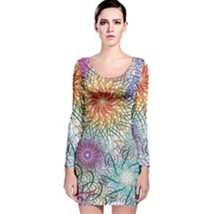 Psychedelic Flowers Yellow Abstract Psicodelia Long Sleeve Velvet Bodycon Dress