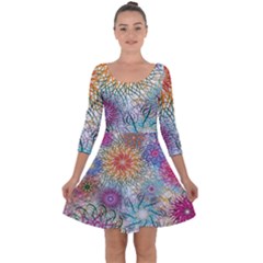 Psychedelic Flowers Yellow Abstract Psicodelia Quarter Sleeve Skater Dress