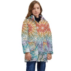 Psychedelic Flowers Yellow Abstract Psicodelia Kids  Hooded Longline Puffer Jacket by Modalart