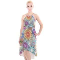 Psychedelic Flowers Yellow Abstract Psicodelia High-low Halter Chiffon Dress 