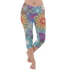 Psychedelic Flowers Yellow Abstract Psicodelia Lightweight Velour Capri Yoga Leggings by Modalart