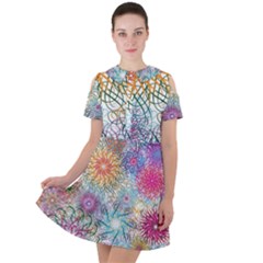 Psychedelic Flowers Yellow Abstract Psicodelia Short Sleeve Shoulder Cut Out Dress 