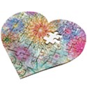 Psychedelic Flowers Yellow Abstract Psicodelia Wooden Puzzle Heart View2