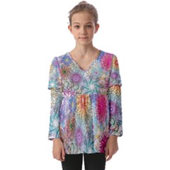 Psychedelic Flowers Yellow Abstract Psicodelia Kids  V Neck Casual Top by Modalart