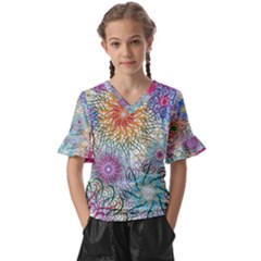 Psychedelic Flowers Yellow Abstract Psicodelia Kids  V-neck Horn Sleeve Blouse by Modalart