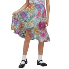 Psychedelic Flowers Yellow Abstract Psicodelia Kids  Ruffle Flared Wrap Midi Skirt by Modalart