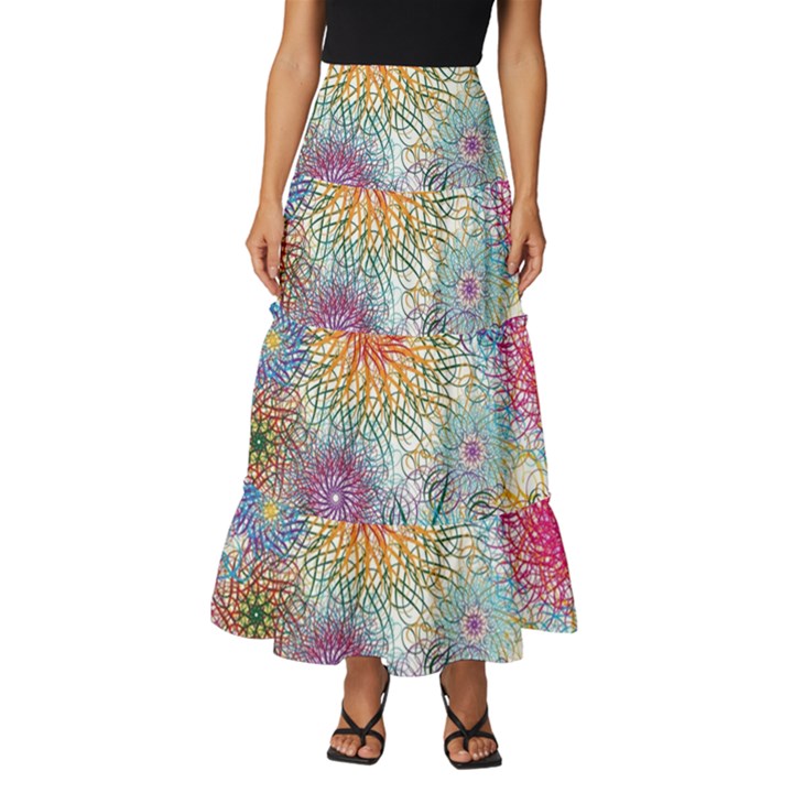 Psychedelic Flowers Yellow Abstract Psicodelia Tiered Ruffle Maxi Skirt