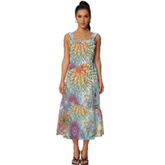 Psychedelic Flowers Yellow Abstract Psicodelia Square Neckline Tiered Midi Dress by Modalart