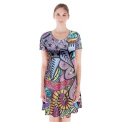 Psychedelic Flower Red Colors Yellow Abstract Psicodelia Short Sleeve V-neck Flare Dress by Modalart