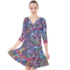 Psychedelic Flower Red Colors Yellow Abstract Psicodelia Quarter Sleeve Front Wrap Dress by Modalart