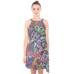 Psychedelic Flower Red Colors Yellow Abstract Psicodelia Halter Collar Waist Tie Chiffon Dress by Modalart