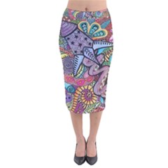 Psychedelic Flower Red Colors Yellow Abstract Psicodelia Velvet Midi Pencil Skirt by Modalart