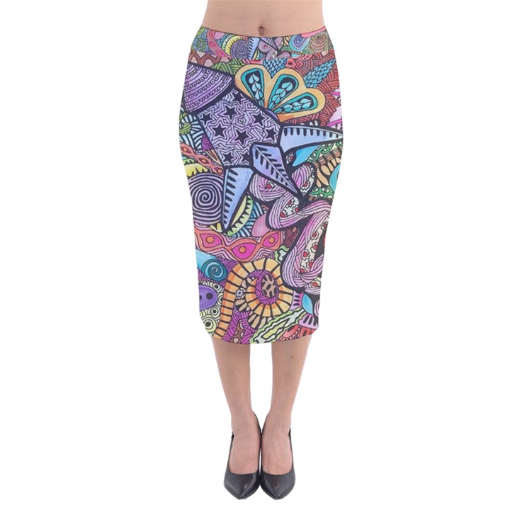 Psychedelic Flower Red Colors Yellow Abstract Psicodelia Velvet Midi Pencil Skirt