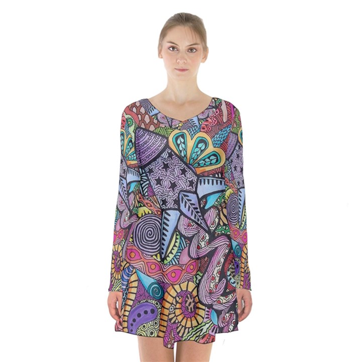 Psychedelic Flower Red Colors Yellow Abstract Psicodelia Long Sleeve Velvet V-neck Dress