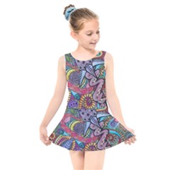 Psychedelic Flower Red Colors Yellow Abstract Psicodelia Kids  Skater Dress Swimsuit by Modalart