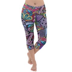 Psychedelic Flower Red Colors Yellow Abstract Psicodelia Lightweight Velour Capri Yoga Leggings by Modalart