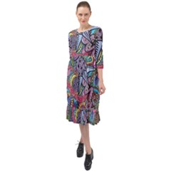 Psychedelic Flower Red Colors Yellow Abstract Psicodelia Ruffle End Midi Chiffon Dress by Modalart