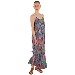 Psychedelic Flower Red Colors Yellow Abstract Psicodelia Cami Maxi Ruffle Chiffon Dress by Modalart