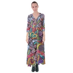 Psychedelic Flower Red Colors Yellow Abstract Psicodelia Button Up Maxi Dress by Modalart