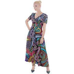 Psychedelic Flower Red Colors Yellow Abstract Psicodelia Button Up Short Sleeve Maxi Dress by Modalart