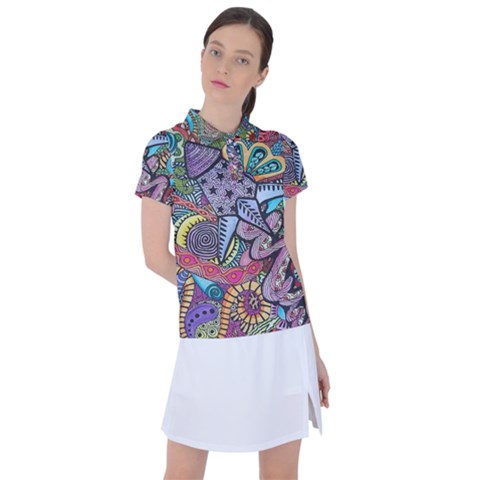 Psychedelic Flower Red Colors Yellow Abstract Psicodelia Women s Polo T-shirt by Modalart