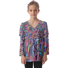 Psychedelic Flower Red Colors Yellow Abstract Psicodelia Kids  V Neck Casual Top by Modalart