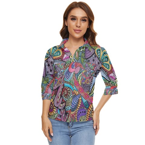 Psychedelic Flower Red Colors Yellow Abstract Psicodelia Women s Quarter Sleeve Pocket Shirt by Modalart