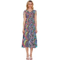 Psychedelic Flower Red Colors Yellow Abstract Psicodelia V-neck Drawstring Shoulder Sleeveless Maxi Dress by Modalart