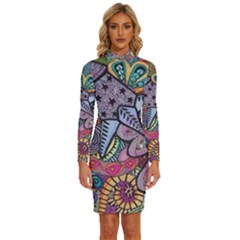 Psychedelic Flower Red Colors Yellow Abstract Psicodelia Long Sleeve Shirt Collar Bodycon Dress