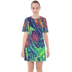 Color Colorful Geoglyser Abstract Holographic Sixties Short Sleeve Mini Dress by Modalart