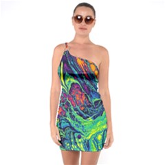 Color Colorful Geoglyser Abstract Holographic One Shoulder Ring Trim Bodycon Dress by Modalart