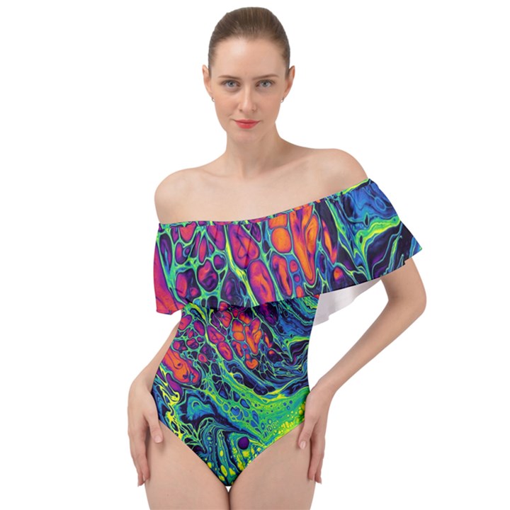 Color Colorful Geoglyser Abstract Holographic Off Shoulder Velour Bodysuit 