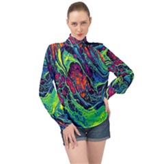 Color Colorful Geoglyser Abstract Holographic High Neck Long Sleeve Chiffon Top by Modalart