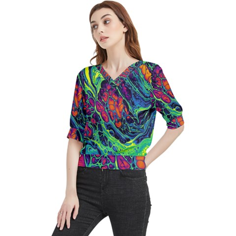 Color Colorful Geoglyser Abstract Holographic Quarter Sleeve Blouse by Modalart