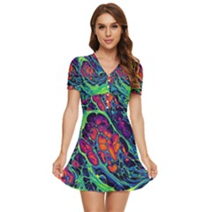 Color Colorful Geoglyser Abstract Holographic V-neck High Waist Chiffon Mini Dress by Modalart