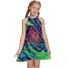 Color Colorful Geoglyser Abstract Holographic Kids  Halter Collar Waist Tie Chiffon Dress