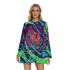 Color Colorful Geoglyser Abstract Holographic Round Neck Long Sleeve Bohemian Style Chiffon Mini Dress