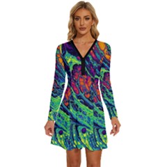 Color Colorful Geoglyser Abstract Holographic Long Sleeve Deep V Mini Dress  by Modalart