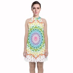 Mandala Pattern Rainbow Pride Velvet Halter Neckline Dress 