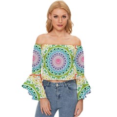 Mandala Pattern Rainbow Pride Off Shoulder Flutter Bell Sleeve Top